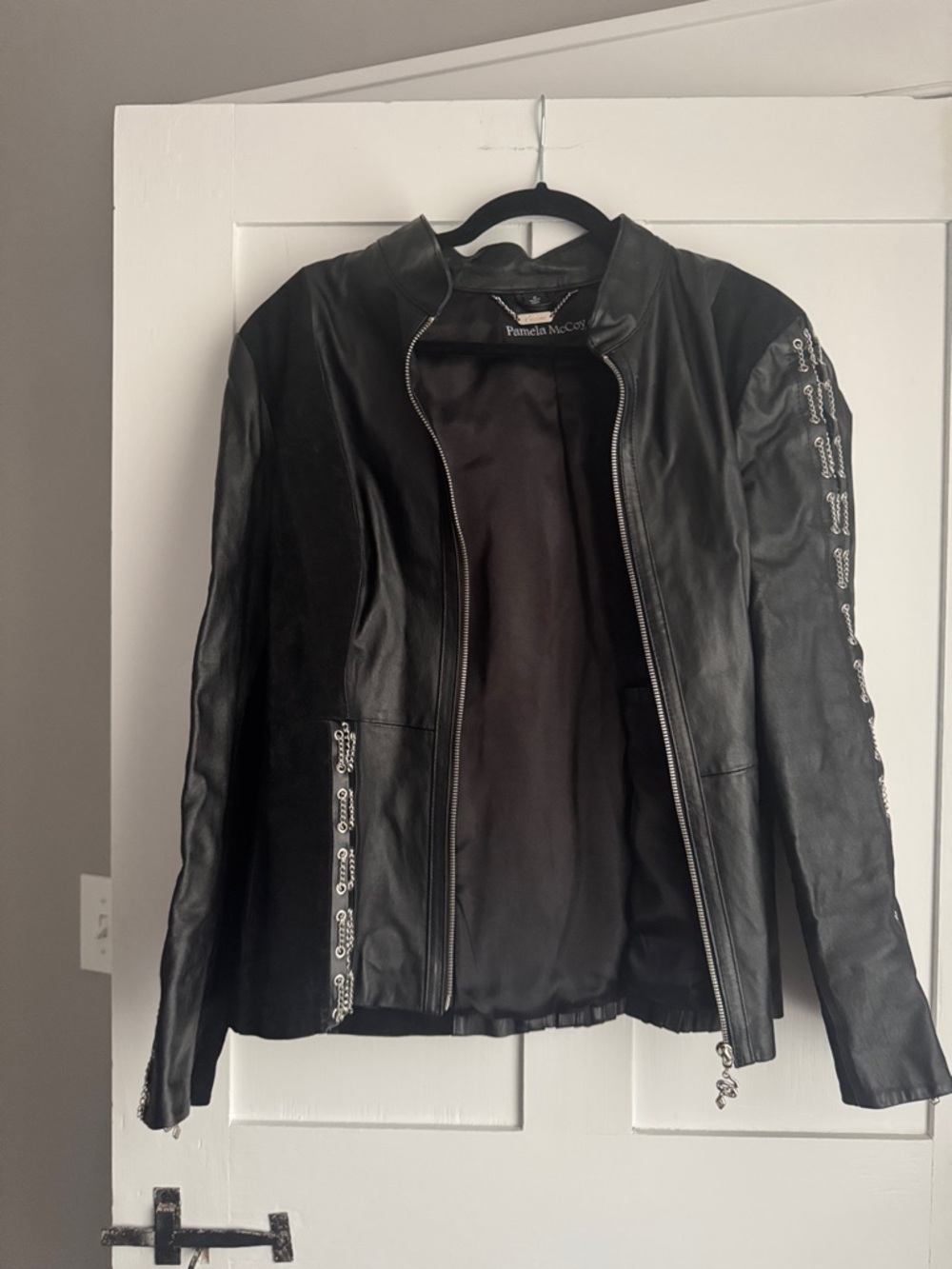 Pamela McCoy Black Leather Jacket with Chain Trim